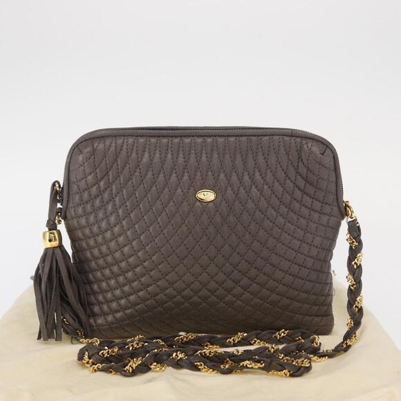 BALLY Chain Shoulder Bag Leather Gray Gold Auth bs32085